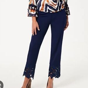 Dennis Basso Regular Luxe Crepe Slim-Leg Ankle Pants with Lace Navy Size XSP